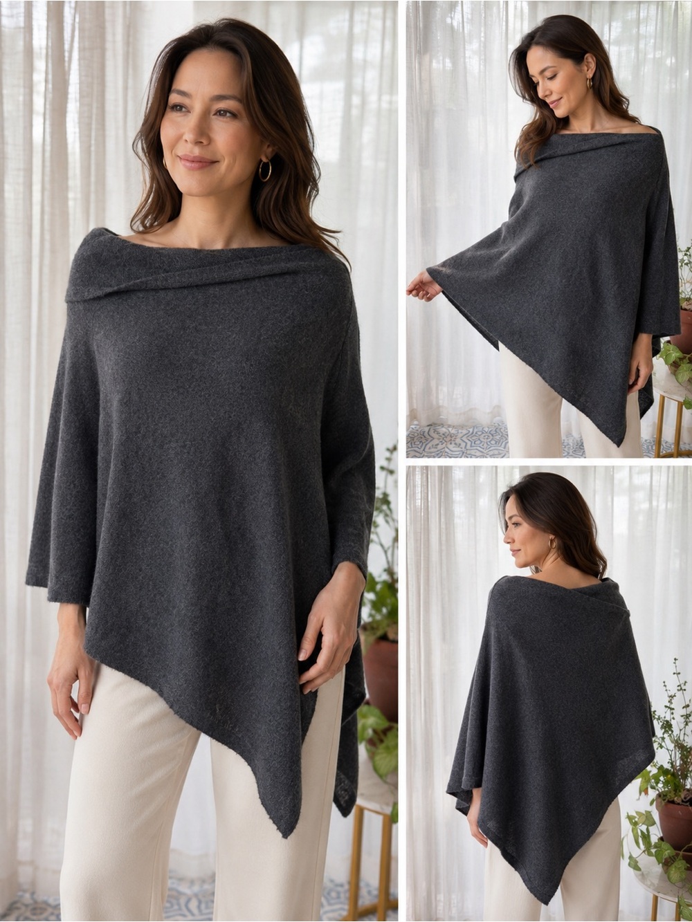 Stitch & Needle 100% Cashmere Poncho Sweater Gray One Size Soft Luxe Wrap Top